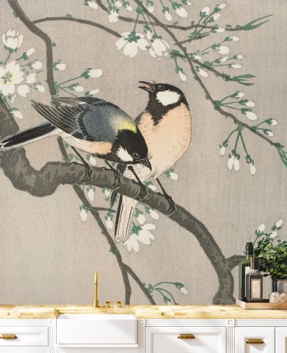 Tits on Cherry Branch Wallpaper Mural Tits on Cherry Branch Wallpaper Mural