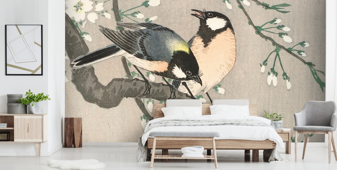 Tits on Cherry Branch Bird Wallpaper
