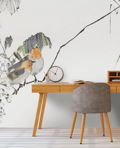 Two Sparrows Perched on a Branch Mural Two Sparrows Perched on a Branch Mural