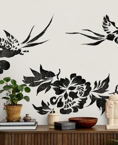 Woodblock Print of Pheasants Wallpaper Mural Woodblock Print of Pheasants Wallpaper Mural