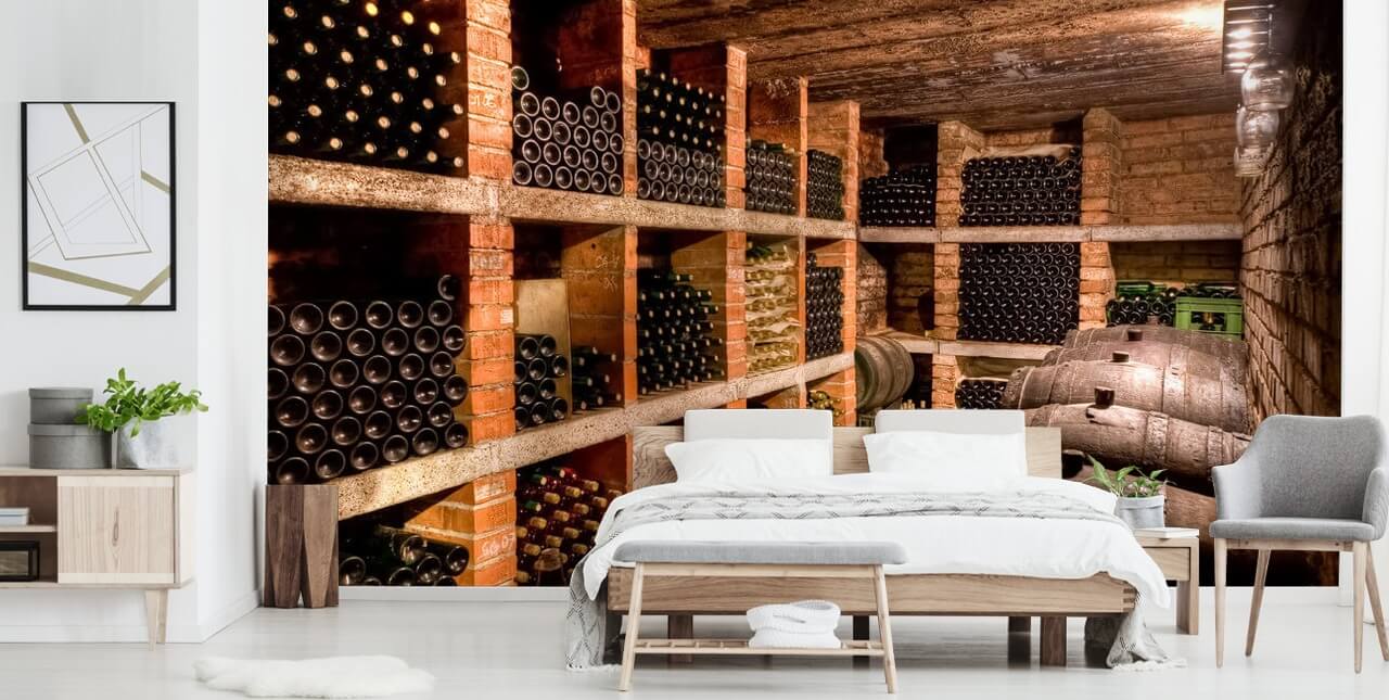 Papel de parede de adega de vinhos com prateleiras Papel de parede de adega de vinhos com prateleiras