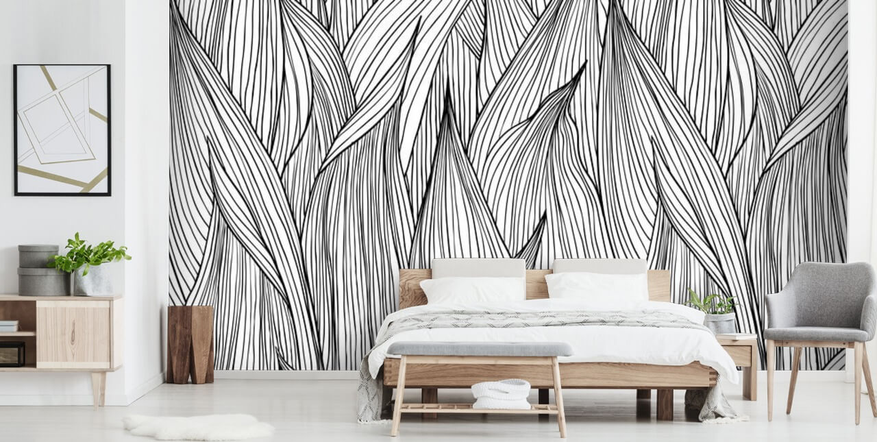 black and white illustrated leaves wallpaper