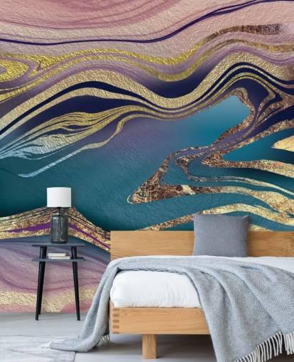 Wandbild aus lila, blauem und goldenem Marmor namens Golden Pink Blue Marble Swirl von Lara Skinner für Schlafzimmer Wandbild aus lila, blauem und goldenem Marmor namens Golden Pink Blue Marble Swirl von Lara Skinner für Schlafzimmer