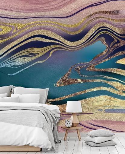 carta da parati murale in marmo viola, blu e oro chiamato Golden Pink Blue Marble Swirl di Lara Skinner per camere da letto carta da parati murale in marmo viola, blu e oro chiamato Golden Pink Blue Marble Swirl di Lara Skinner per camere da letto