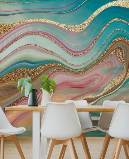 roze en turquoise marmeren behangmuurschildering op maat genaamd Ombre Strata van Lara Skinner voor slaapkamers roze en turquoise marmeren behangmuurschildering op maat genaamd Ombre Strata van Lara Skinner voor slaapkamers
