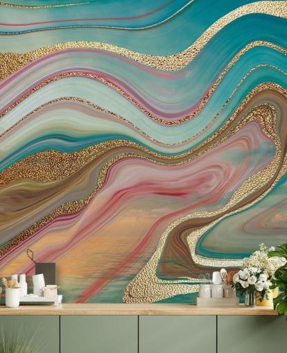 Wandbild aus rosafarbenem und türkisfarbenem Marmor mit dem Namen Ombre Strata von Lara Skinner für Schlafzimmer Wandbild aus rosafarbenem und türkisfarbenem Marmor mit dem Namen Ombre Strata von Lara Skinner für Schlafzimmer