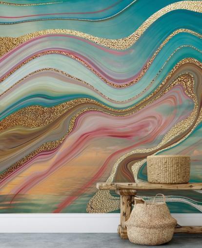 roze en turquoise marmeren behangmuurschildering op maat genaamd Ombre Strata van Lara Skinner voor slaapkamers roze en turquoise marmeren behangmuurschildering op maat genaamd Ombre Strata van Lara Skinner voor slaapkamers