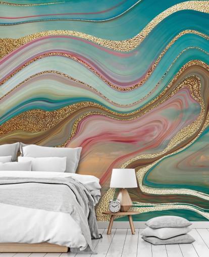 carta da parati murale personalizzata in marmo rosa e turchese chiamata Ombre Strata di Lara Skinner per camere da letto carta da parati murale personalizzata in marmo rosa e turchese chiamata Ombre Strata di Lara Skinner per camere da letto