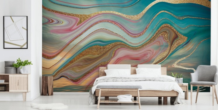 pink and turquoise custom marble wallpaper mural called Ombre Strata by Lara Skinner for bedrooms