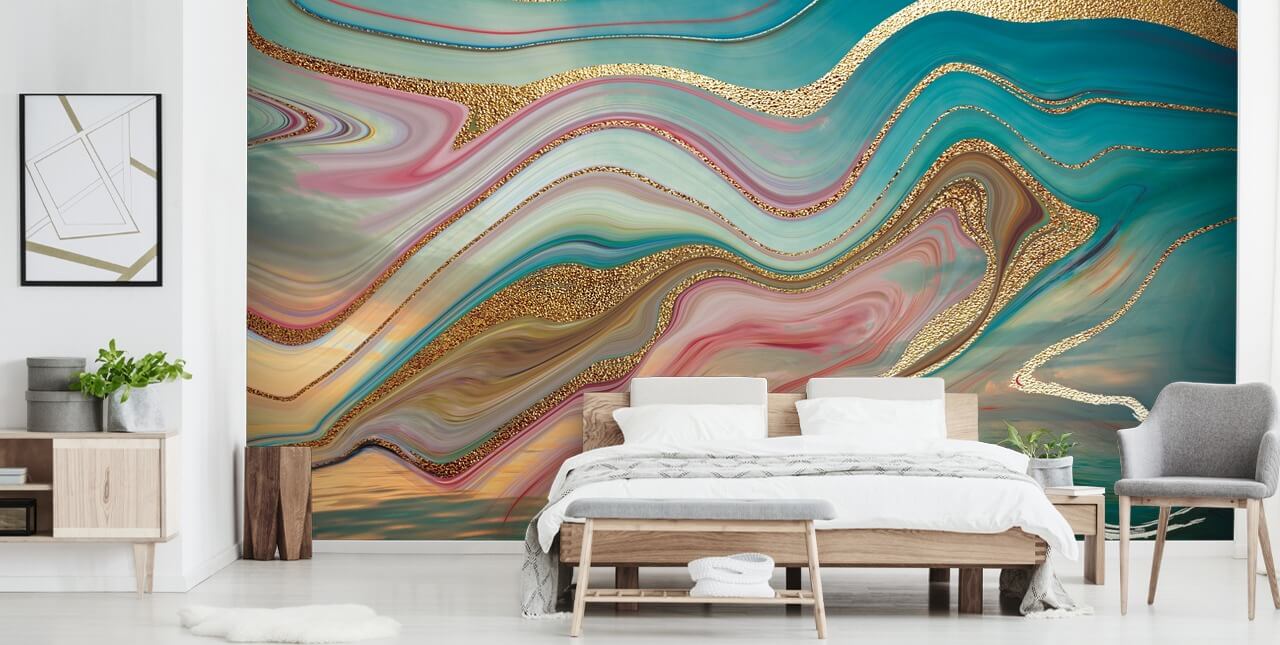 pink and turquoise custom marble wallpaper mural called Ombre Strata by Lara Skinner for bedrooms