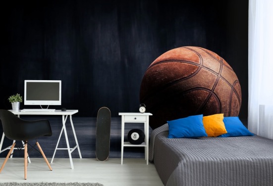 mural de papel de parede de basquete escuro chamado Vintage Basketball para quartos infantis, cavernas masculinas e faculdades