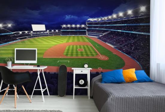 Baseball vægmaleri om natten kaldet Baseball Stadium tapetmaleri til børns soveværelser og mandshuler