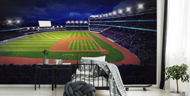 Baseball vægmaleri om natten kaldet Baseball Stadium tapetmaleri til børns soveværelser og mandshuler
