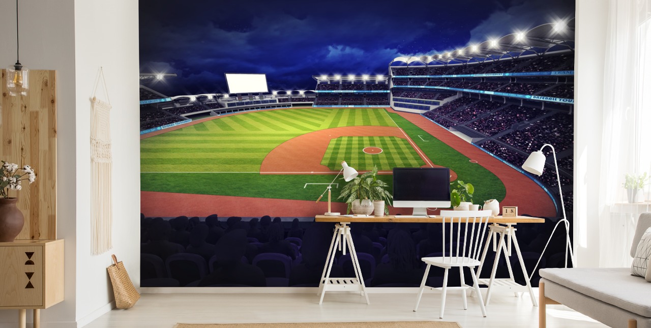night time baseball wall mural called Baseball Stadium wallpaper mural for kids bedrooms and man caves