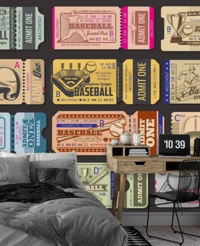 colorido mural de pared de béisbol llamado Baseball Tickets para dormitorio infantil, oficina en casa y sala de juegos colorido mural de pared de béisbol llamado Baseball Tickets para dormitorio infantil, oficina en casa y sala de juegos