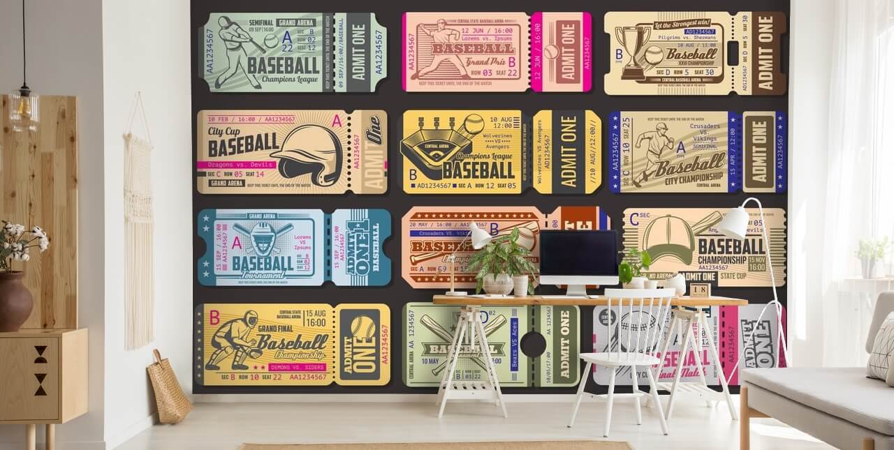 kleurrijke honkbalmuurschildering genaamd Baseball Tickets voor kinderkamer, thuiskantoor en speelkamer