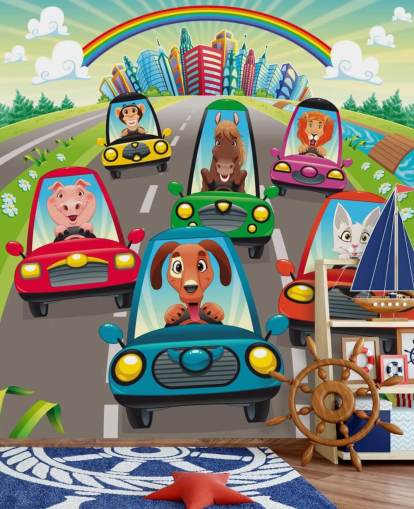 Cartoon Animals Driving Wall Mural Cartoon Animals Driving Wall Mural