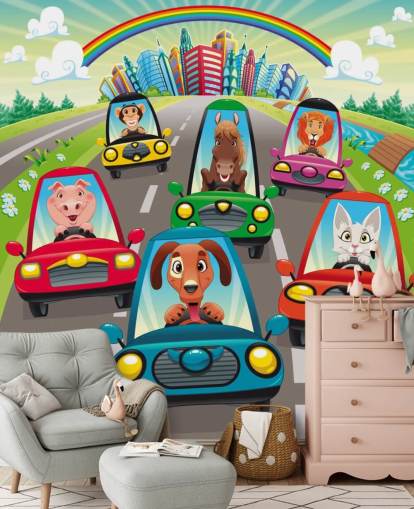 Cartoon Animals Driving Wall Mural Cartoon Animals Driving Wall Mural