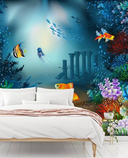 kleurrijke muurschildering met zeeleven genaamd Underwater World voor kinderkamers en speelkamers kleurrijke muurschildering met zeeleven genaamd Underwater World voor kinderkamers en speelkamers