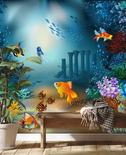 mural colorido de papel de parede de vida marinha chamado Underwater World para crianças, quartos e salas de jogos mural colorido de papel de parede de vida marinha chamado Underwater World para crianças, quartos e salas de jogos