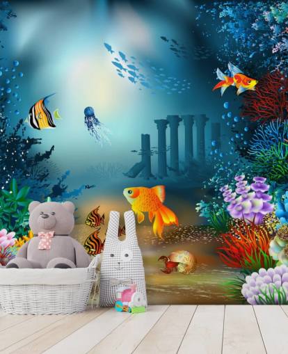 colourful sea life wallpaper mural called Underwater World for kids bedrooms and playrooms colourful sea life wallpaper mural called Underwater World for kids bedrooms and playrooms
