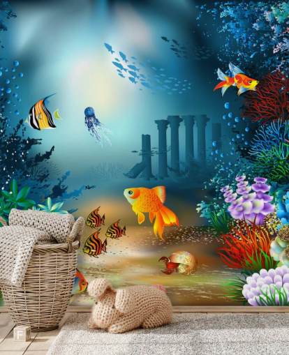 colourful sea life wallpaper mural called Underwater World for kids bedrooms and playrooms colourful sea life wallpaper mural called Underwater World for kids bedrooms and playrooms