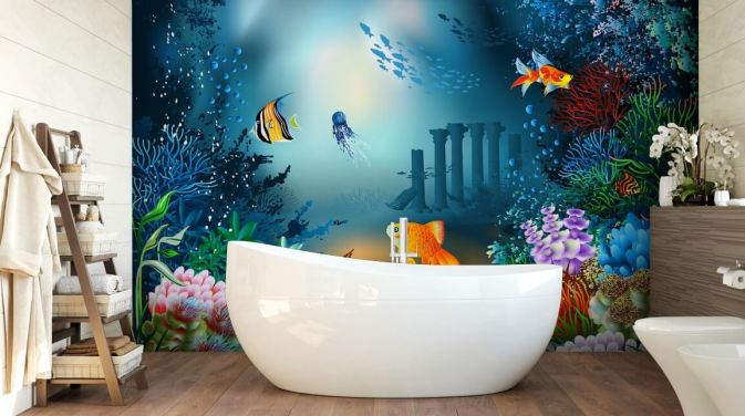 kleurrijke muurschildering met zeeleven genaamd Underwater World voor kinderkamers en speelkamers