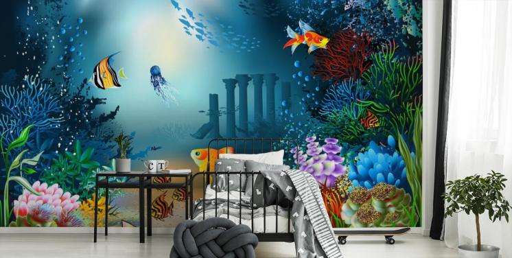 colourful sea life wallpaper mural called Underwater World for kids bedrooms and playrooms