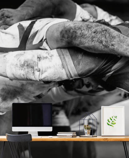 zwart-witte rugbybehangmuurschildering op maat genaamd Rugby Scrum voor de kinderkamer zwart-witte rugbybehangmuurschildering op maat genaamd Rugby Scrum voor de kinderkamer