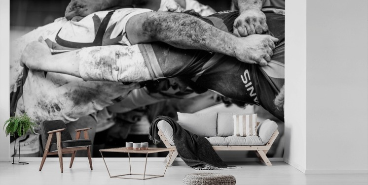 black and white custom rugby wallpaper mural called Rugby Scrum for child's bedroom