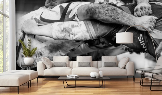 black and white custom rugby wallpaper mural called Rugby Scrum for child's bedroom