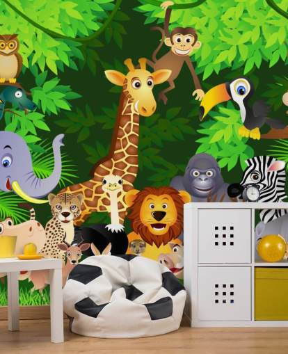 fargerikt tilpassbart tegneserie dyretapet veggmaleri kalt Animals in the Jungle for barnas soverom fargerikt tilpassbart tegneserie dyretapet veggmaleri kalt Animals in the Jungle for barnas soverom