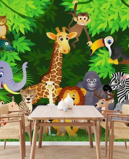 colorido mural de papel pintado de animales de dibujos animados personalizable llamado Animales en la jungla para dormitorio infantil colorido mural de papel pintado de animales de dibujos animados personalizable llamado Animales en la jungla para dormitorio infantil