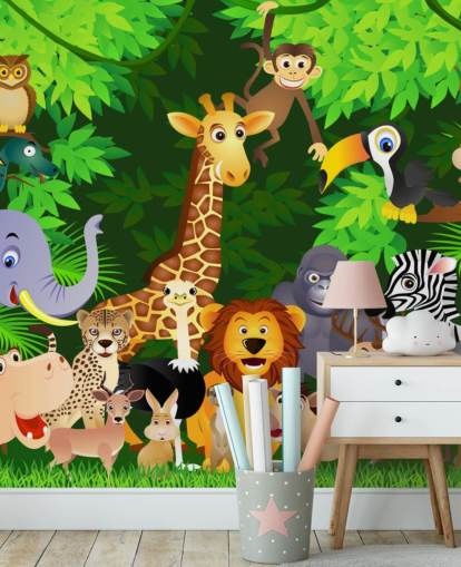 colourful customisable cartoon animal wallpaper mural called Animals in the Jungle for child's bedroom colourful customisable cartoon animal wallpaper mural called Animals in the Jungle for child's bedroom