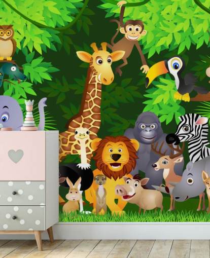 mural colorido de papel de parede de animais de desenho animado personalizável chamado Animals in the Jungle para quarto de criança mural colorido de papel de parede de animais de desenho animado personalizável chamado Animals in the Jungle para quarto de criança