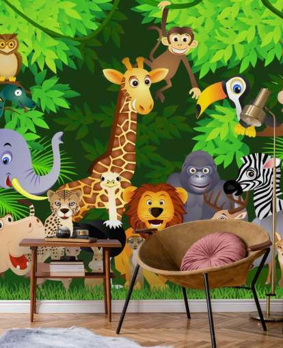 mural colorido de papel de parede de animais de desenho animado personalizável chamado Animals in the Jungle para quarto de criança mural colorido de papel de parede de animais de desenho animado personalizável chamado Animals in the Jungle para quarto de criança