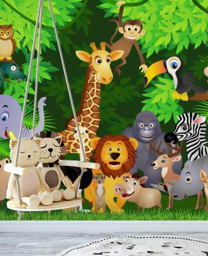 colourful customisable cartoon animal wallpaper mural called Animals in the Jungle for child's bedroom colourful customisable cartoon animal wallpaper mural called Animals in the Jungle for child's bedroom