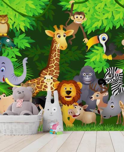 colourful customisable cartoon animal wallpaper mural called Animals in the Jungle for child's bedroom colourful customisable cartoon animal wallpaper mural called Animals in the Jungle for child's bedroom