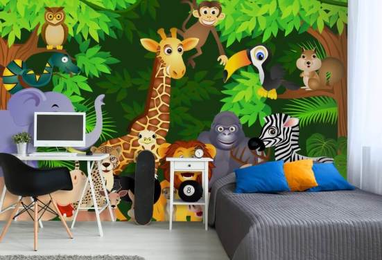 farverigt tilpassbart tegneserie dyretapet vægmaleri kaldet Animals in the Jungle til børns soveværelse