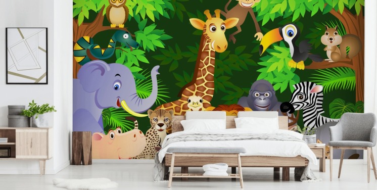 värikäs muokattava sarjakuva-eläintaustakuvamaalaus nimeltä Animals in the Jungle lapsen makuuhuoneeseen