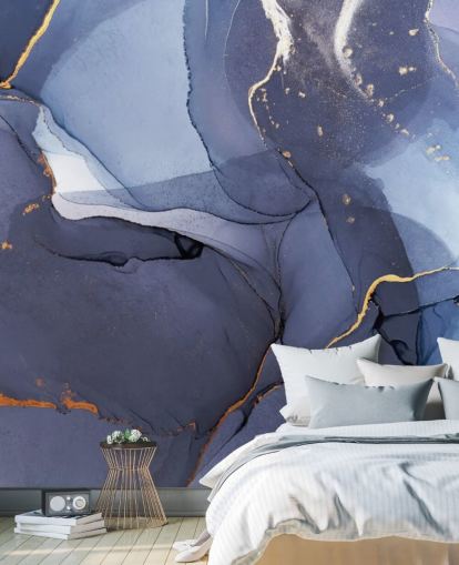 marineblå og guld brugerdefineret tapetmaleri kaldet Blue Swirl Watercolour til køkkener, badeværelser og stuer marineblå og guld brugerdefineret tapetmaleri kaldet Blue Swirl Watercolour til køkkener, badeværelser og stuer