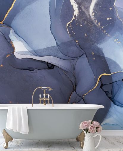 marineblå og guld brugerdefineret tapetmaleri kaldet Blue Swirl Watercolour til køkkener, badeværelser og stuer marineblå og guld brugerdefineret tapetmaleri kaldet Blue Swirl Watercolour til køkkener, badeværelser og stuer