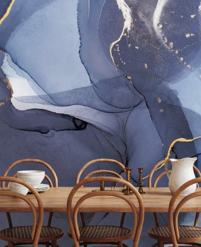 marinblå och guld anpassad tapetväggmålning kallad Blue Swirl Watercolour för kök, badrum och vardagsrum marinblå och guld anpassad tapetväggmålning kallad Blue Swirl Watercolour för kök, badrum och vardagsrum
