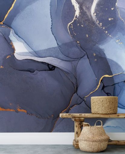 tummansininen ja kultainen mukautettu taustakuvamaalaus nimeltä Blue Swirl Watercolor keittiöihin, kylpyhuoneisiin ja olohuoneisiin tummansininen ja kultainen mukautettu taustakuvamaalaus nimeltä Blue Swirl Watercolor keittiöihin, kylpyhuoneisiin ja olohuoneisiin