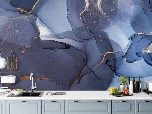 marinblå och guld anpassad tapetväggmålning kallad Blue Swirl Watercolour för kök, badrum och vardagsrum