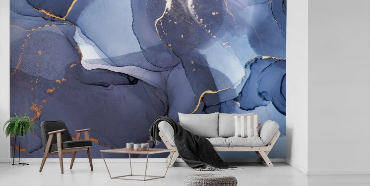 marineblått og gull tilpasset tapetmaleri kalt Blue Swirl Watercolour for kjøkken, bad og stuer