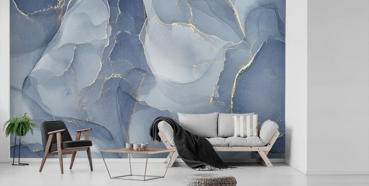 Personalisierbare Marmortapete in Blau und Gold mit dem Titel Overlapping Shades of Blue für Küchen und Badezimmer