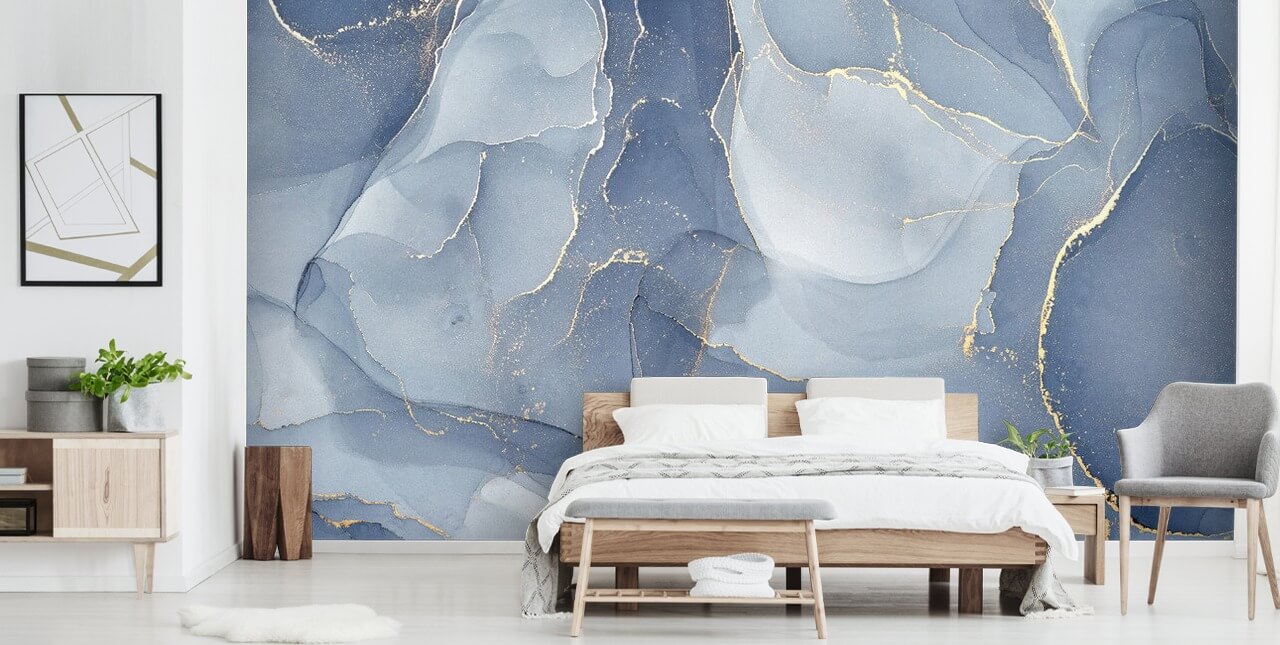 blå og guld tilpasselig marmor tapetmaleri kaldet Overlappende nuancer af blå til køkkener og badeværelser blå og guld tilpasselig marmor tapetmaleri kaldet Overlappende nuancer af blå til køkkener og badeværelser