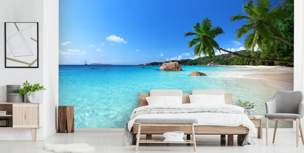 blå tilpassbar strandtapet veggmaleri kalt Anse Lazio Beach Seychellene for kontorer blå tilpassbar strandtapet veggmaleri kalt Anse Lazio Beach Seychellene for kontorer