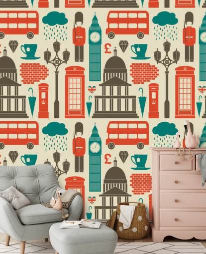 Blauw en rood London behang Blauw en rood London behang